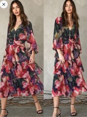 Adelyn Rae Multi-Color Watercolor Floral Tiered Midi Dress